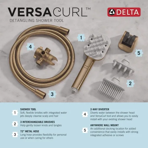 Vista 6 de Cabeza de ducha manual Delta VersaCurl para desenredar el cabello rizado con 3 insertos de cepillo para definir rizos incluidos, ducha de mano