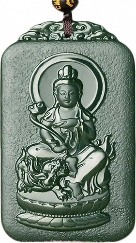 Vista 10 de China Natural Hetian Green Jade Nefrita tallado Zodiaco Protector Deidad Colgante Amuleto