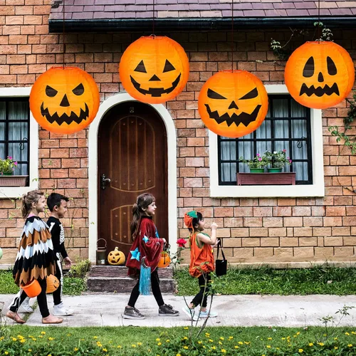 Vista 2 de Retisee 12 faroles de papel de calabaza de Halloween de 12 pulgadas, farol de calabaza naranja, farol de papel para fiesta de Halloween, calabaza
