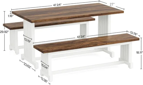 Vista 6 de Tribesigns Juego de mesa de comedor de 47 pulgadas para 4, mesa de cocina de 3 piezas con 2 bancos, muebles de cena de madera de granja