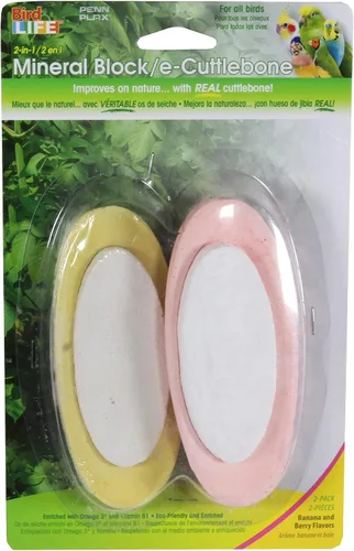 Vista 2 de Penn-Plax Bird-Life 2 en 1 E-Cuttlebone & Mineral Block - Sabor a plátano y bayas - Ideal para todas las aves - Paquete de 2