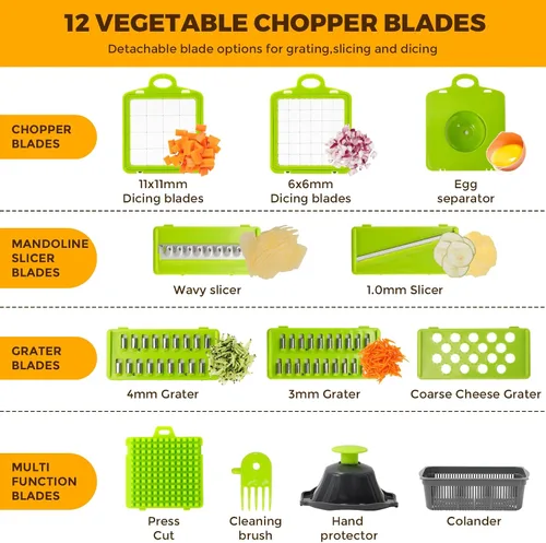 Vista 2 de Pro - Picador de verduras 14 en 1 multifuncional con 7 cuchillas, cebolla, zanahoria, cortador de ajo, gris