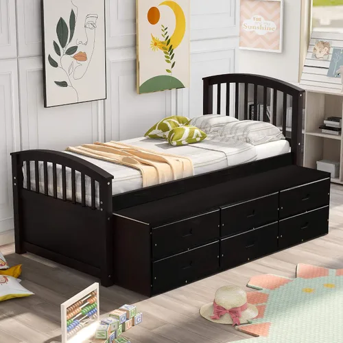 Vista 3 de Cama de almacenamiento de capitán de madera de tamaño individual con 6 cajones, muebles de dormitorio para niños (expreso)