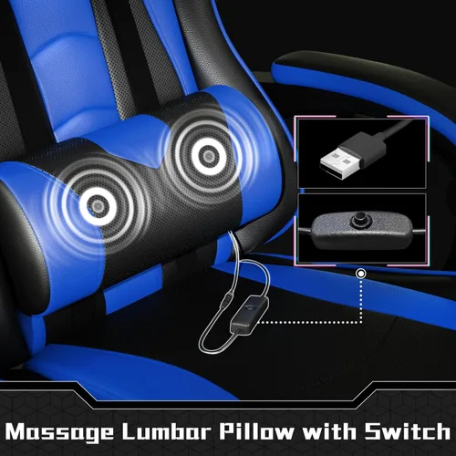 Vista 4 de Yaheetech Silla para videojuegos, silla de videojuegos con soporte lumbar de masaje y reposapiés, silla ergonómica ajustable para computadora