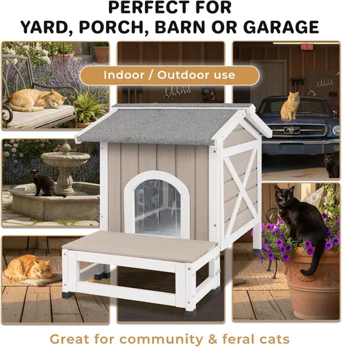 Vista 9 de Casa aislada para gatos al aire libre para invierno, refugio de madera resistente a la intemperie para gatos al aire libre y salvajes con puerta