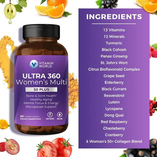 Vista 5 de Vitamin World Ultra 360 Multivitamínico para mujeres 50 Plus, multivitamínico para mujeres 50+ con minerales y hierbas para apoyo a la menopausia