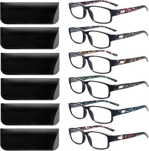 Vista 8 de Paquete de 6 lentes de lectura con bloqueo de luz azul, lectores de bisagra de resorte para mujeres y hombres, anteojos anti UV con 6 fundas de cuero