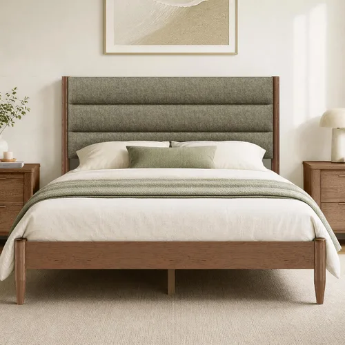 Vista 18 de KISLOT Marco de cama de madera con cabecera tapizada, marrón, tamaño Queen
