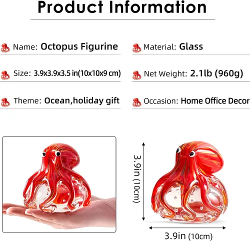 Vista 3 de EUSTUMA Adorno de figura de pulpo de vidrio soplado a mano, adorno de animales marinos para acuario de pecera, colección de animales marinos
