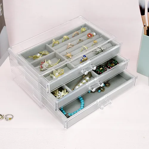 Vista 2 de Joyero acrílico con 3 cajones, organizador de joyas de terciopelo, aretes, anillos, collares, pulseras, vitrina, regalo para mujeres y niñas