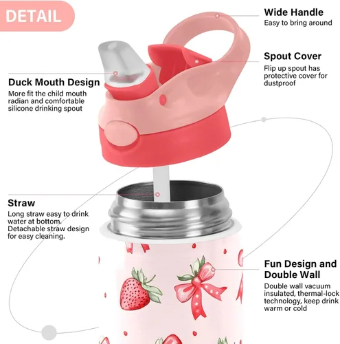 Vista 4 de Botellas de agua aisladas con popote para niños y escuelas, diseño de fresa, de acero inoxidable, rosa, de doble pared, mantiene el calor y el frío