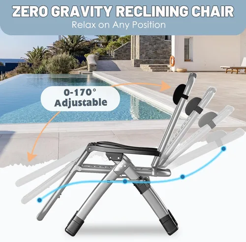 Vista 5 de Slsy Silla de gravedad cero, silla reclinable de salón con cojín y bandeja removibles para interior y exterior, silla reclinable plegable para patio