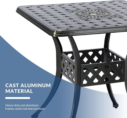 Vista 3 de Mesa de comedor al aire libre de 30.5 pulgadas, cuadrada, para patio, mesa de bistró, de aluminio fundido de bronce, mesa grande rústica con agujero