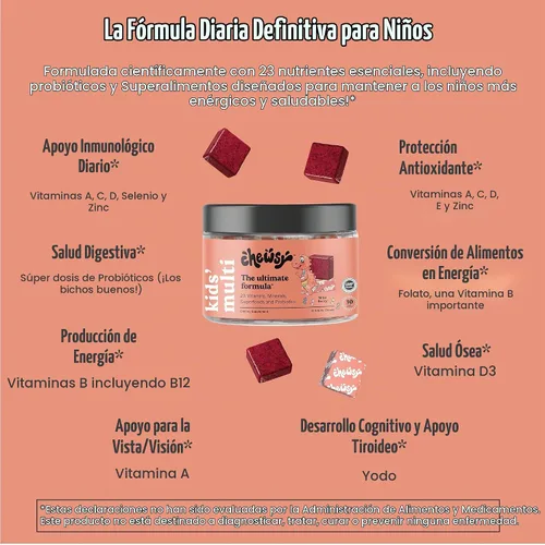 Vista 3 de Chewsy Multivitamínico para niños, deliciosos masticables diarios de vitaminas estilo caramelo + probióticos + superalimentos, suplemento masticable