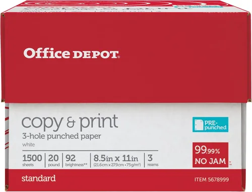 Vista 2 de Office Depot® Impresora multiuso perforada de 3 agujeros y papel de copia, 3 resmas, blanco, letra (8.5 x 11 pulgadas), 1500 hojas por caja, 20