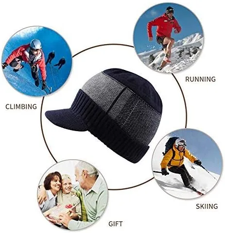 Vista 6 de XIAOHAWANG Gorro de invierno para hombre con visera de cable de punto con forro polar de retazos a rayas con ala para deportes al aire libre