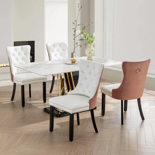 Vista 169 de SoarFlash Juego de 2 sillas de comedor de terciopelo, silla lateral de respaldo alto, silla lateral moderna tapizada de alta gama con botones Beige