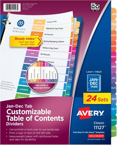 Vista 10 de Avery Divisores de enero a diciembre para carpetas de 3 anillos, 12 pestañas por juego, tabla de contenido personalizable, pestañas multicolor
