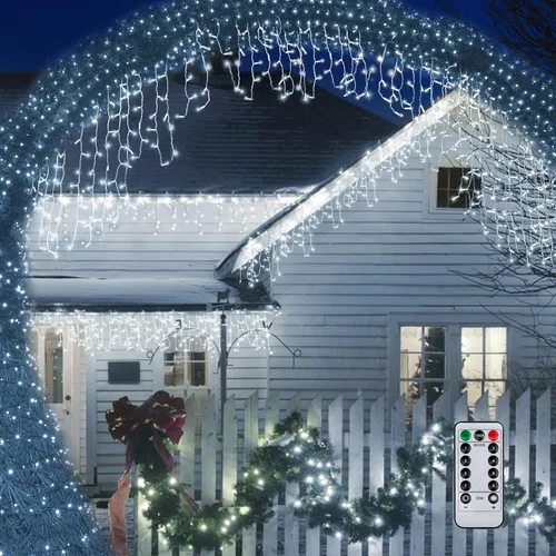 Vista 2 de Luces de Carámbano para Exteriores, Luces de Cadena de Navidad de 9.8 Pies con Temporizador Remoto, Luz de Hielo Colgante Goteante para Ventana