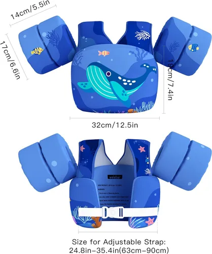Vista 5 de Chaleco de natación para niños pequeños, apto para niños de 28 a 70 libras, flotadores para niños y niñas, ayuda a la natación, entrenamiento, traje