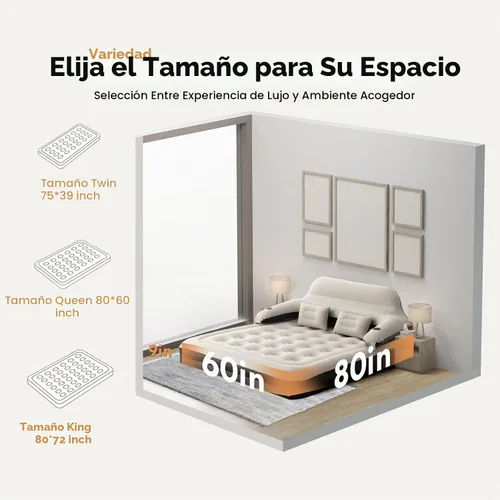 Vista 6 de Cama inflable de colchón de aire tamaño Queen con cabecero y almohadas, sofá cama inflable
