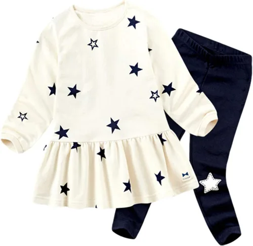 Vista 2 de CuteMe Conjunto de ropa para niñas pequeñas, con estampado de estrellas, manga larga y pantalones, 2 piezas