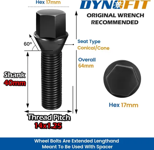 Vista 2 de Dynofit Tornillos extendidos m14x1.25 para F12, F13, F20, F80, F10, F82, F22, F23, F45, F46, F30, F32, F01, F25, F26, 1.575 in de largo, para M2