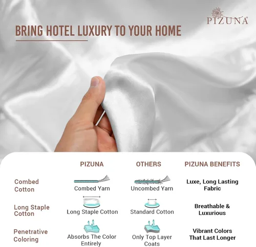 Vista 5 de Pizuna Juego de 2 fundas de almohada de 100 % algodón puro, tamaño estándar, color blanco, lujosas fundas de almohada de 400 hilos de satén