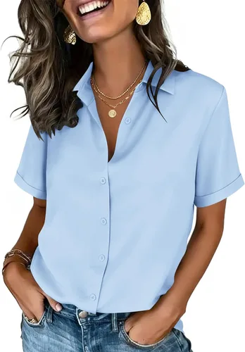 Vista 23 de Zeagoo Camisas con botones para mujer, de manga corta, cuello en V, elegantes y casuales