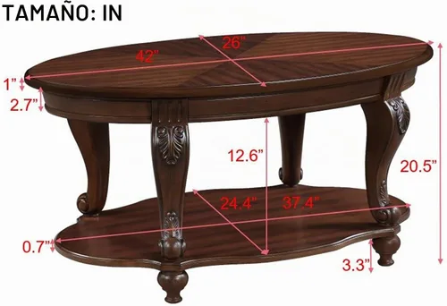Vista 3 de Mesa de café ovalada de madera para sala de estar, mesa de café de dos niveles de madera maciza con estante de almacenamiento abierto, mesa
