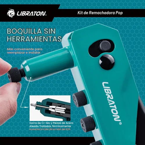 Vista 6 de Kit de pistola remachadora Libraton, pistola de remache pop, herramienta de remache de servicio pesado, remachadora manual profesional, herramienta
