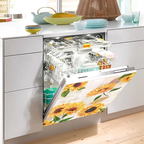 Vista 4 de Funda magnética de girasol amarillo para lavavajillas, cubierta magnética reutilizable para refrigerador, calcomanías para nevera y microondas