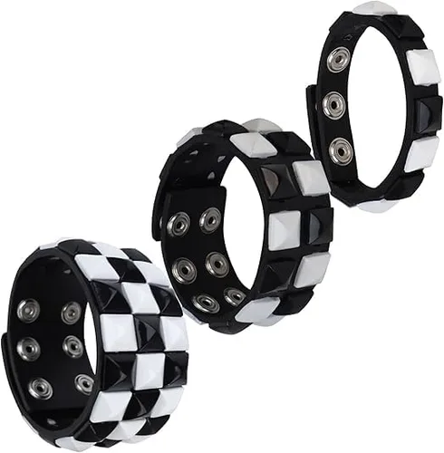 Vista 2 de Juego de 3 pulseras de cuero con remache cuadrado de tablero de ajedrez blanco y negro - Pulsera unisex estilo punk