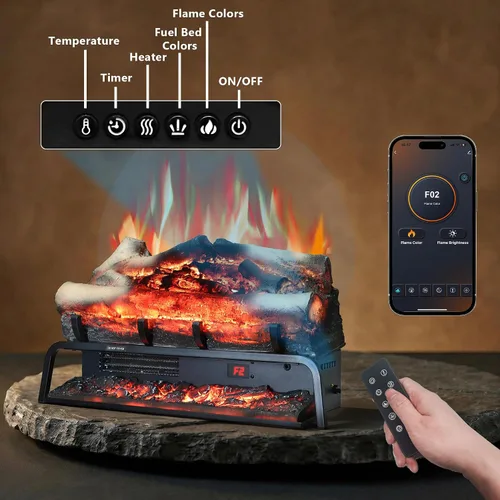 Vista 2 de Calentador eléctrico de troncos de chimenea de 25 pulgadas, juego de troncos de chimenea eléctrica independiente con control remoto y aplicación