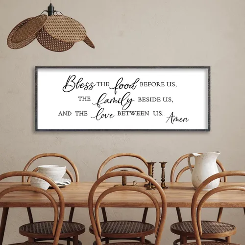 Vista 4 de LuZhiQiang Arte de pared para comedor 81,3×30,5 cm "Bless The Food Before Us" Letrero cristiano para cocina, cita familiar agradecida, cuadro grande