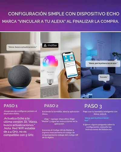 Vista 4 de Matter - Bombillas inteligentes, bombilla que cambia de color, requiere concentrador, A19 60W, WiFi de 2.4 GHz, compatible con Alexa Google