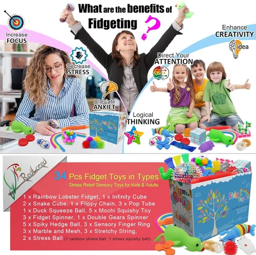 Vista 3 de 34 Piezas Juguetes Fidget, Juguetes Sensoriales Fidget para Alivio del Estrés para Niños Adultos Niños Niñas TDAH TOC Ansiedad Autismo, Premios Caja