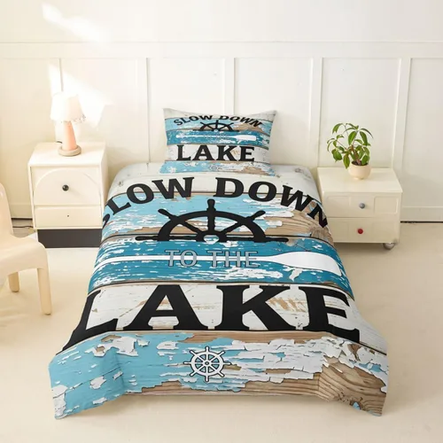 Vista 16 de Erosebridal Lake House Twin Bed Set for Boys Girls Kids, Blue and Beige Lakehouse 2Pcs Duvet Cover with Zipper, Rustic Farmhouse Bedding Sets