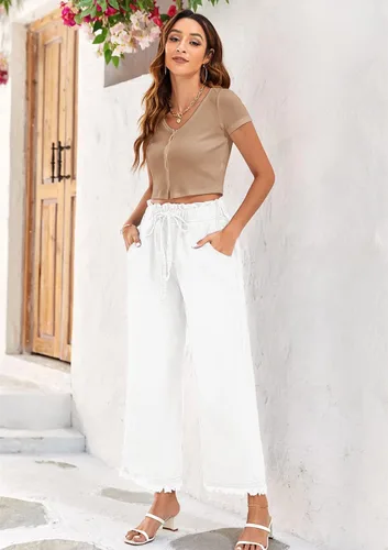 Vista 7 de Valphsio Pantalones de mezclilla holgados de pierna ancha para mujer, cintura con lazo en la cintura, culottes de cambray, pantalones con borlas