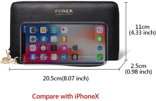 Vista 2 de FOXLOVER Carteras de cuero genuino para mujer carteras de embrague con cremallera RFID con pulsera