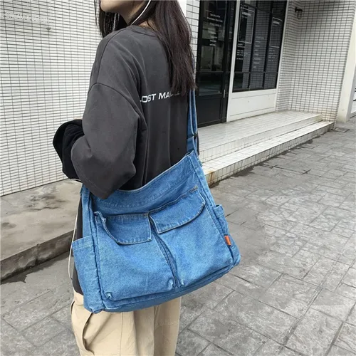 Vista 8 de Bolso de hombro de mezclilla de lona para mujeres y hombres, bolso de mano casual, retro, estético, bolso cruzado