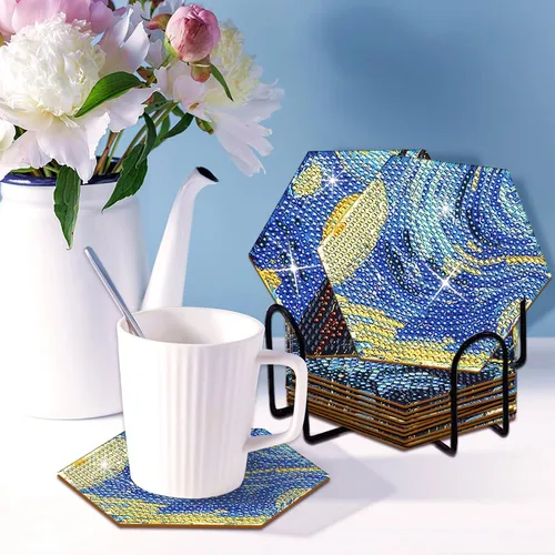 Vista 5 de Posavasos de arte de diamante Van Gogh Starry Night, 7 posavasos hexagonales con soporte, pequeños kits de pintura de diamantes para adultos