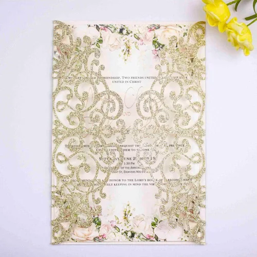 Vista 7 de 50 tarjetas de invitación de boda de 5 x 7 pulgadas, cortadas con láser, solo bolsillo, sin sobre, sin inserto para boda, despedida de soltera Oro