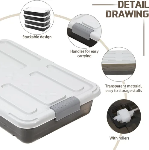 Vista 3 de Beeveer 4 recipientes de almacenamiento de plástico para debajo de la cama con tapa, rueda y asa, transparentes de gran capacidad, apilables