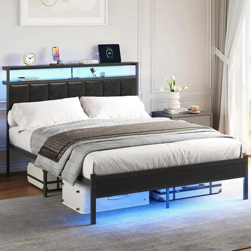 Vista 3 de Marco de cama matrimonial con estación de carga y luces LED, cabecero tapizado en negro con estantes de almacenamiento de 2 niveles, marco de cama