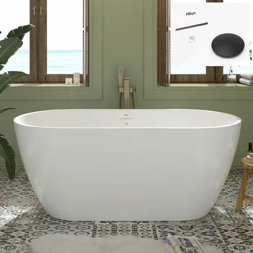 Vista 16 de FerdY Bañera independiente de acrílico Bali de 47 pulgadas, bañera independiente con forma elegante, certificado cUPC, drenaje dorado cepillado