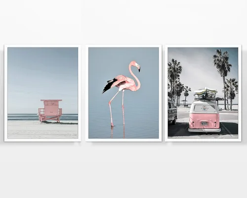 Vista 5 de Impresiones fotográficas temáticas de playa rosa, juego de 3, sin marco, soporte de salvavidas costero, furgoneta, flamenco rosa, cartel decorativo
