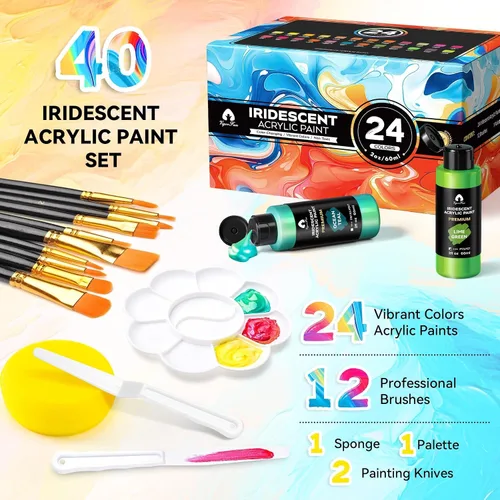 Vista 2 de Juego de pintura acrílica iridiscente de 40 piezas con 12 pinceles, 2 cuchillos y paleta, 24 colores (2 onzas/60 ml) - para adultos, artistas