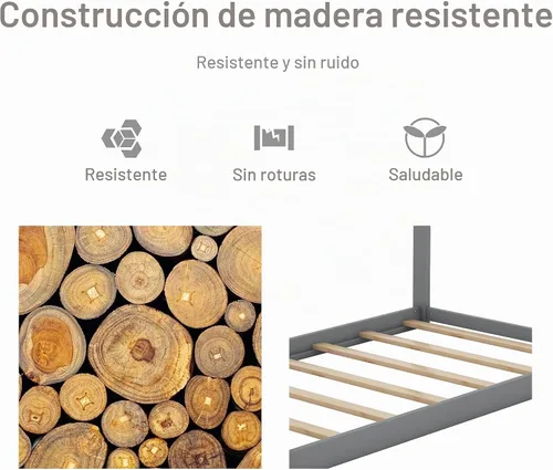 Vista 6 de Merax Cama de casa de madera, cama de piso con listones de madera, no necesita somier, tamaño individual, gris