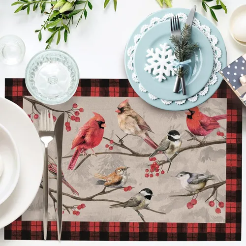 Vista 4 de Seliem Winter Birds - Juego de 4 manteles individuales de PVC, diseño vintage de cardenal con ramas de bayas rojas, manteles individuales de vinilo
